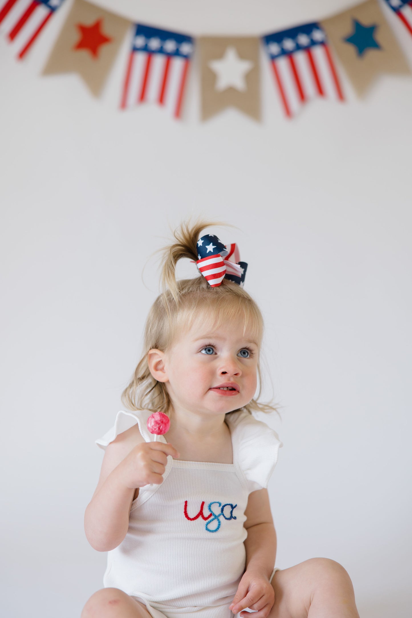 Custom Patriotic White Ruffle Romper with Bow