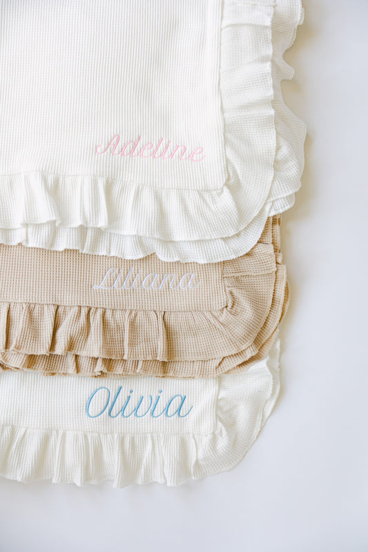 Embroidered Knitted Ruffled Blanket