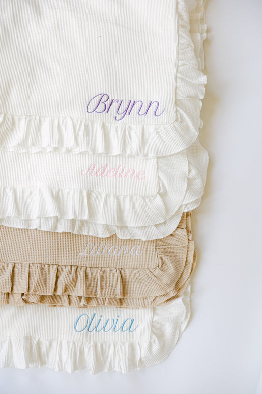 Embroidered Knitted Ruffled Blanket