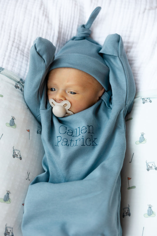 Personalized Organic Cotton Knotted Gown with Hat - Neutral