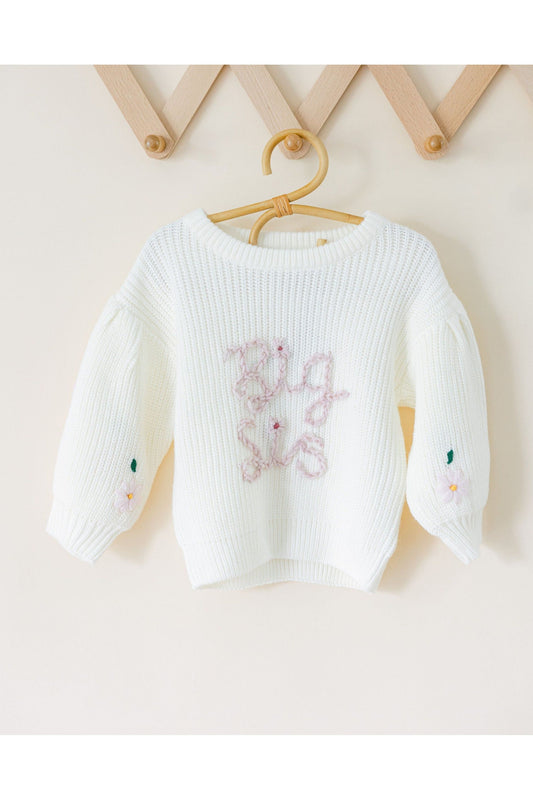 Hand Stitched Floral Sweater with Puff Sleeve