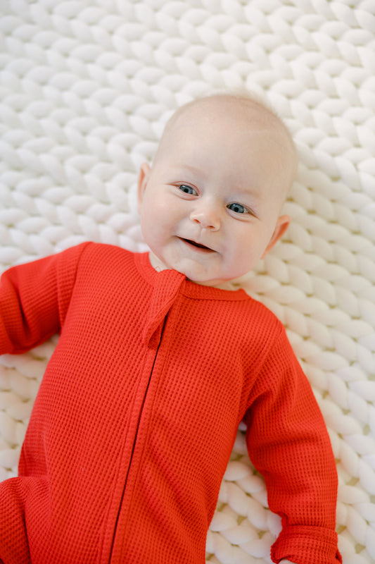 Candy Cane Red Organic Waffle Knit Footie With Bow Or Hat