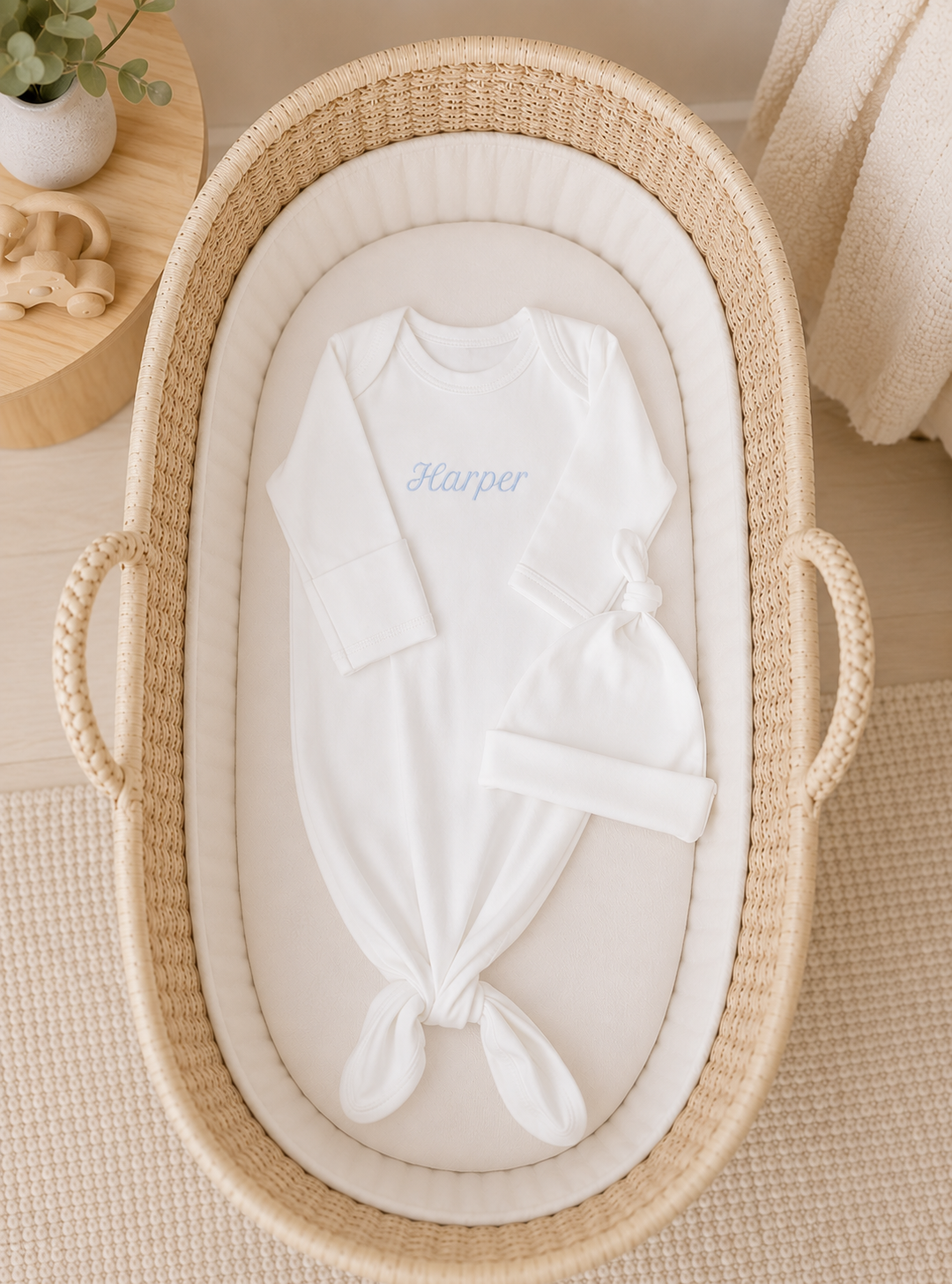 Personalized Organic Cotton Knotted Gown with Hat - Neutral