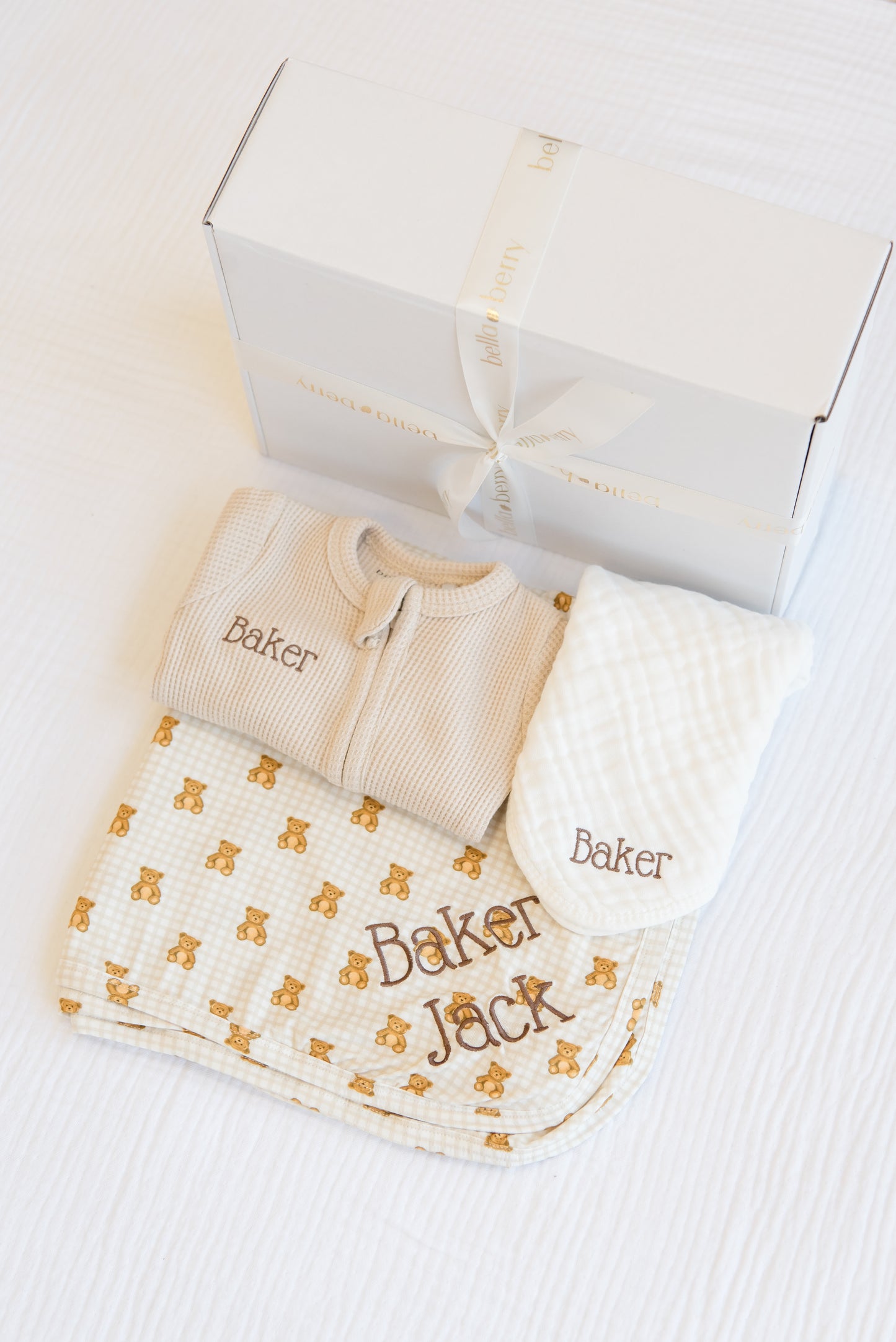 Personalized Baby Gift Set | Organic Waffle Footie, Bear-y Cute Bamboo Swaddle & Burp Cloth