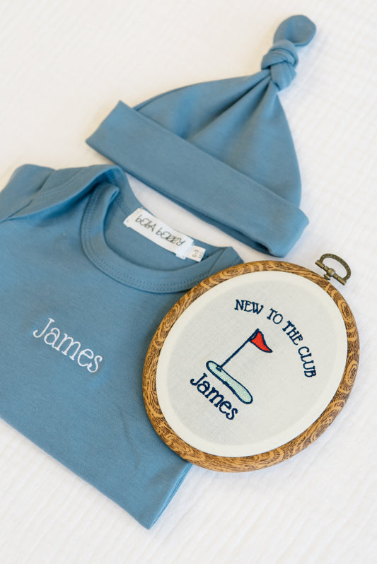 Personalized Golf Baby Gift Set | Knotted Gown, Hat & Embroidered Linen Name Plate
