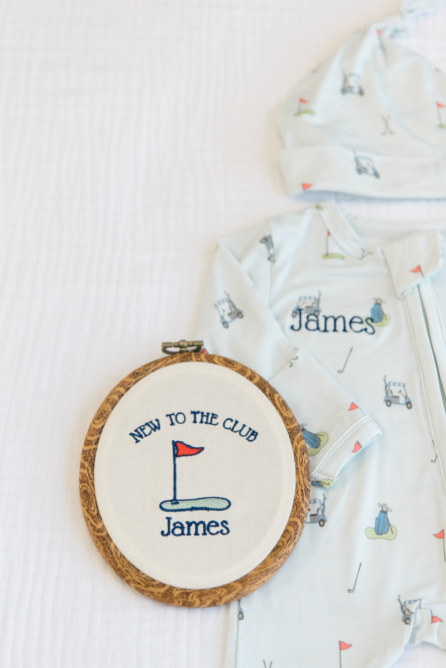 Personalized Golf Baby Gift Set | Bamboo Footie, Hat & Embroidered Name Plate