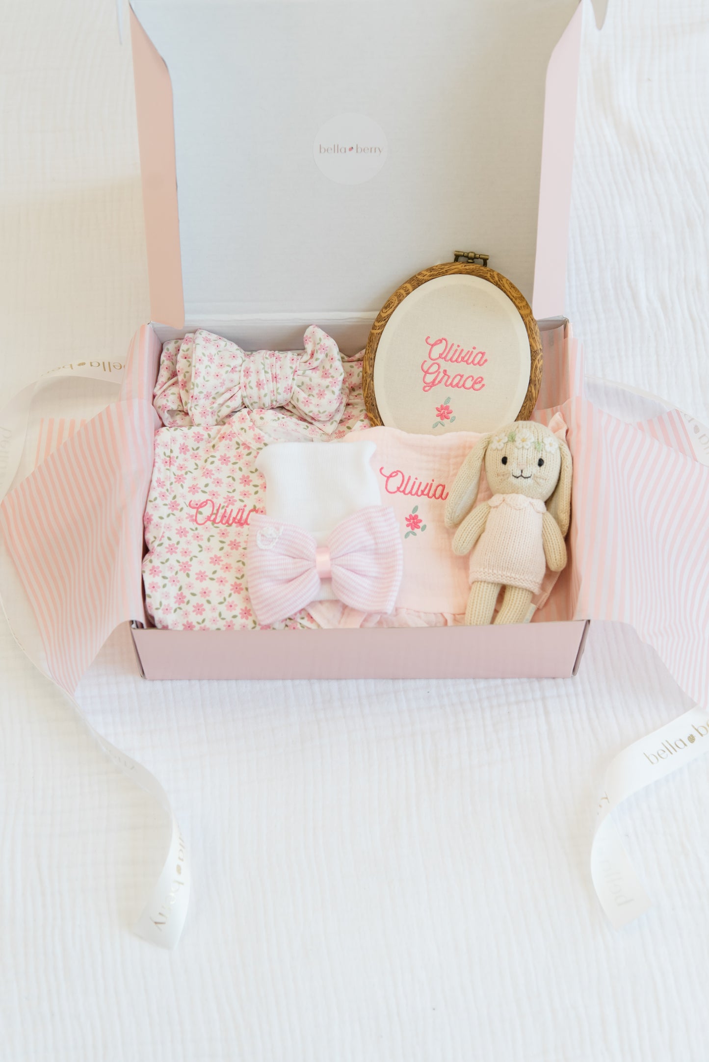 Personalized Baby Girl Gift Set | Embroidered Bamboo Footie, Burp Cloth, Name Plate & Headband
