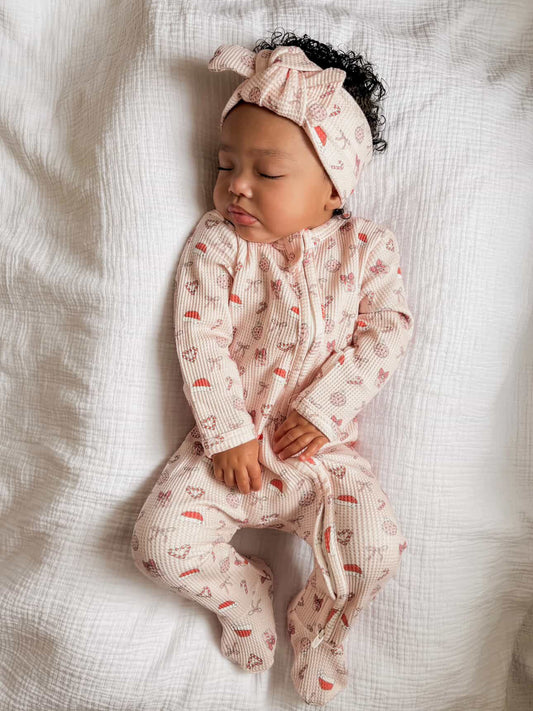 Merry & Pink Organic Waffle Knit Footie With Bow