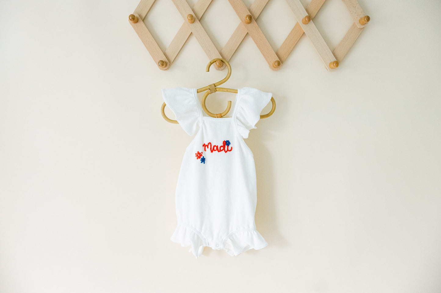 Custom Patriotic White Ruffle Romper with Bow