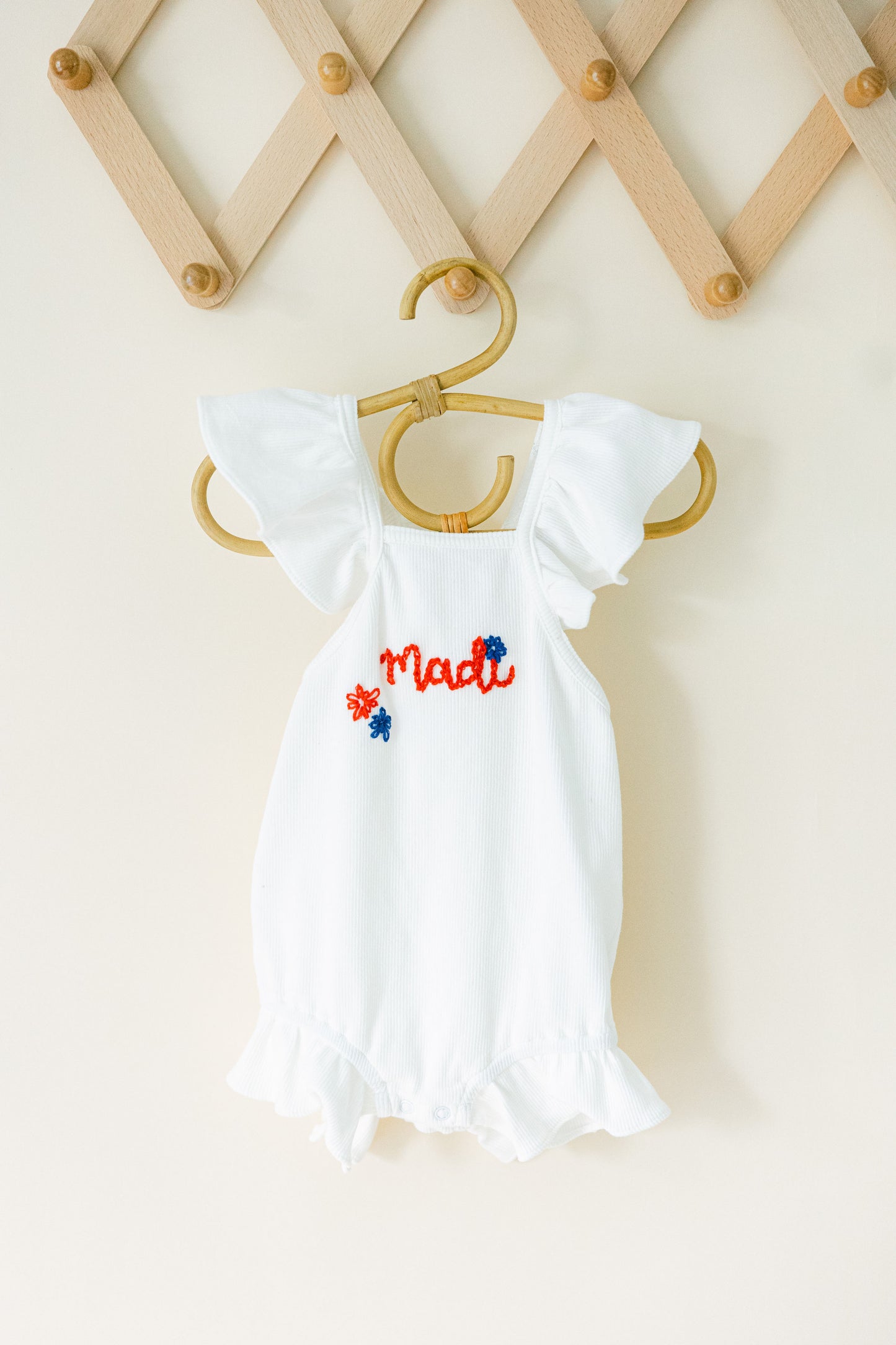 Custom Patriotic White Ruffle Romper with Bow