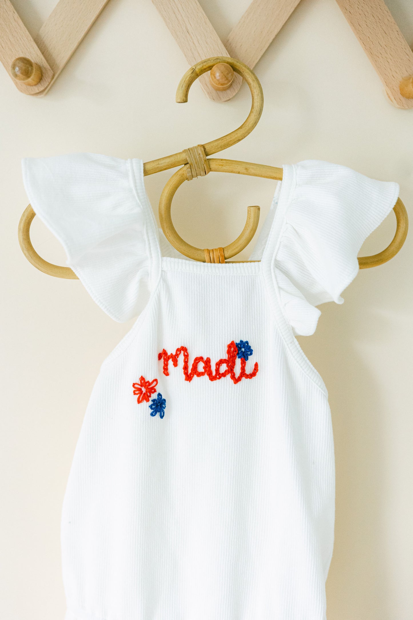 Custom Patriotic White Ruffle Romper with Bow