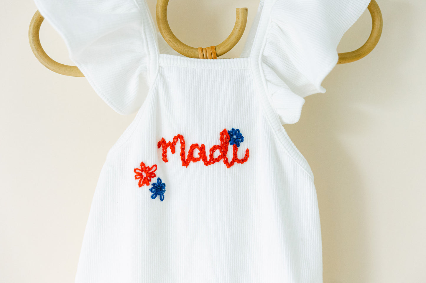 Custom Patriotic White Ruffle Romper with Bow