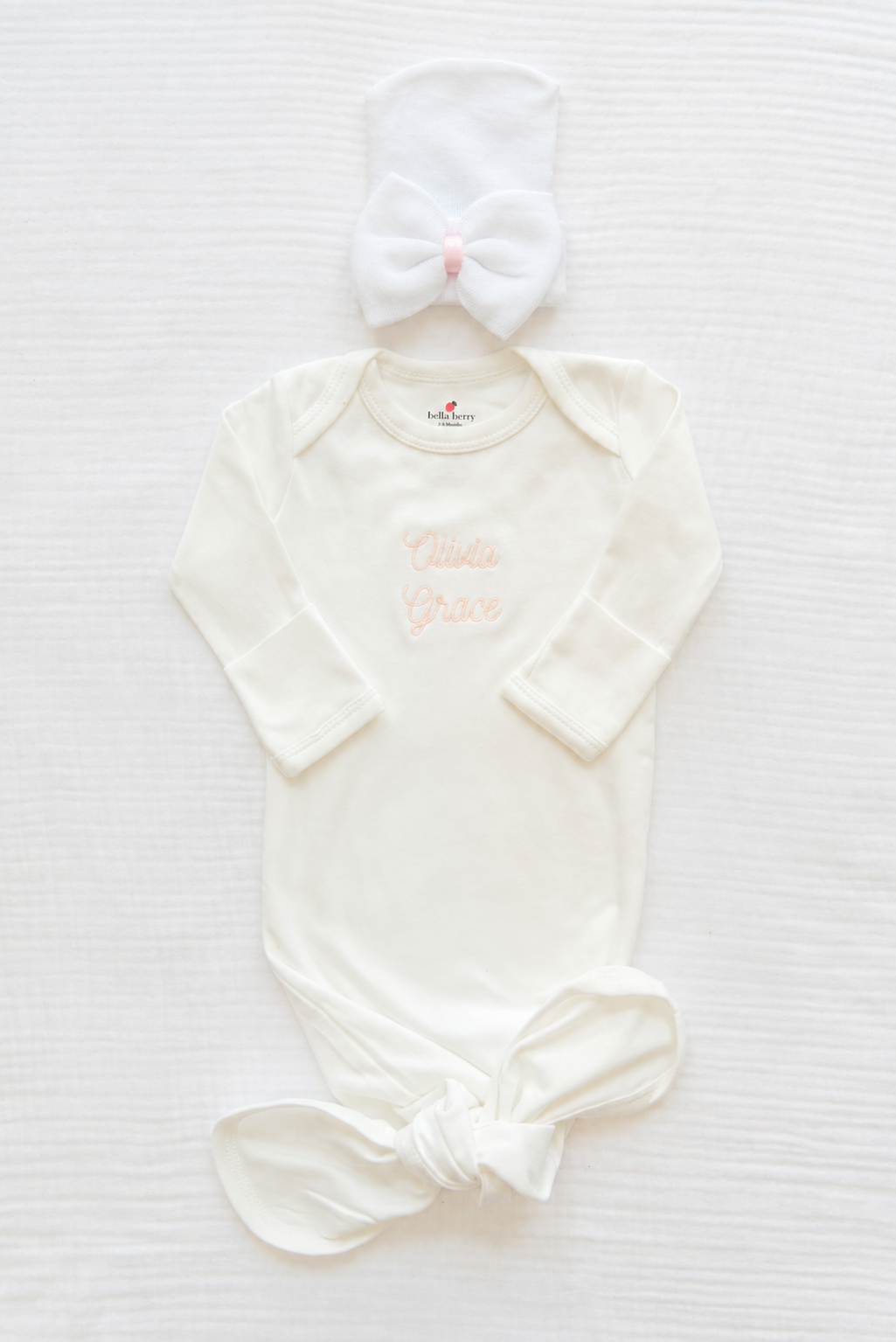 Personalized Organic Cotton Knotted Gown with Hand Stitched Bow Hat