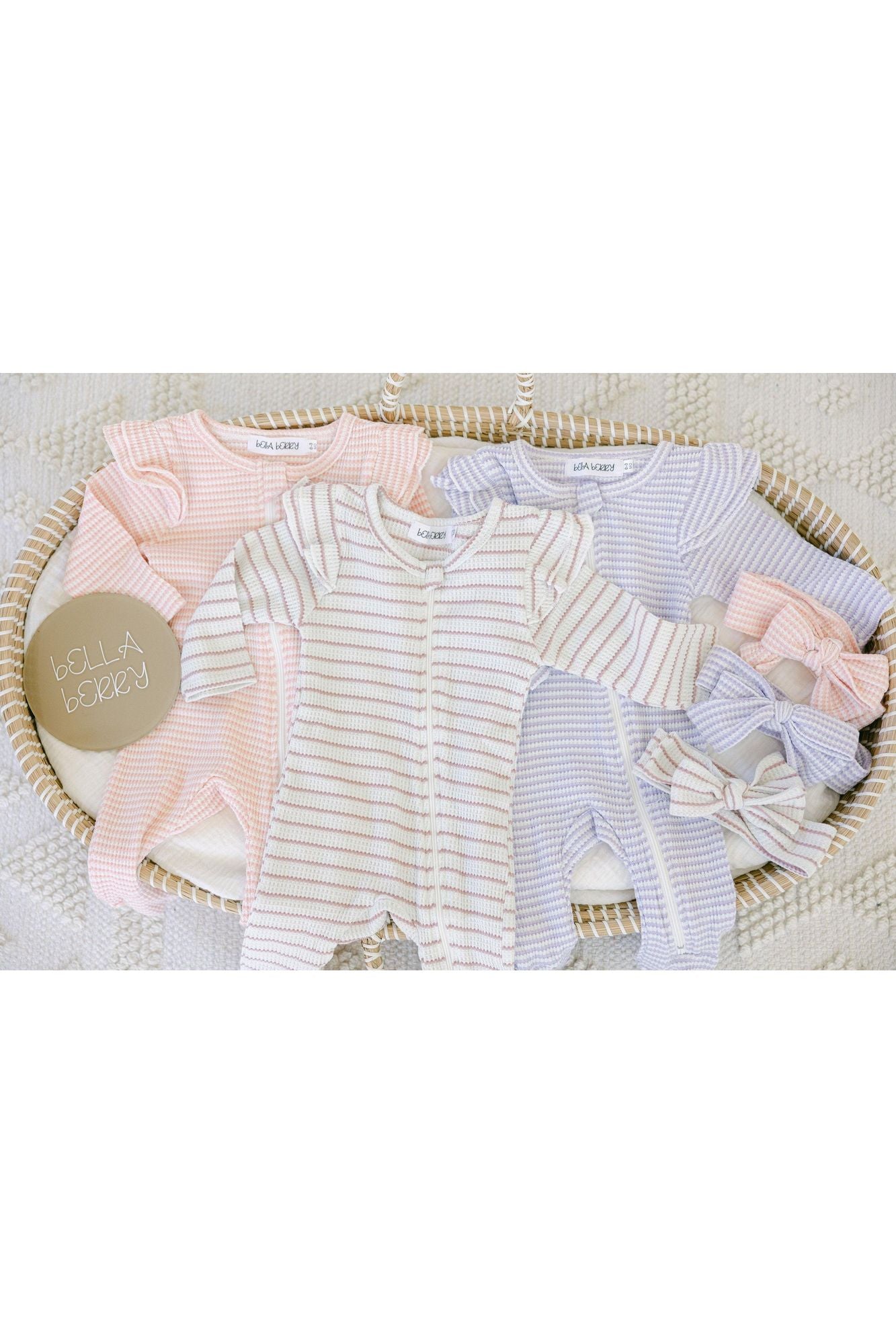 Striped Cotton Waffle Knit Footie with Bow - BellaBerryDesigns