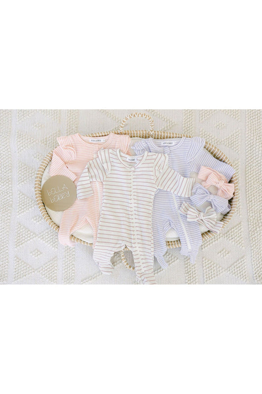 Striped Cotton Waffle Knit Footie with Bow - BellaBerryDesigns