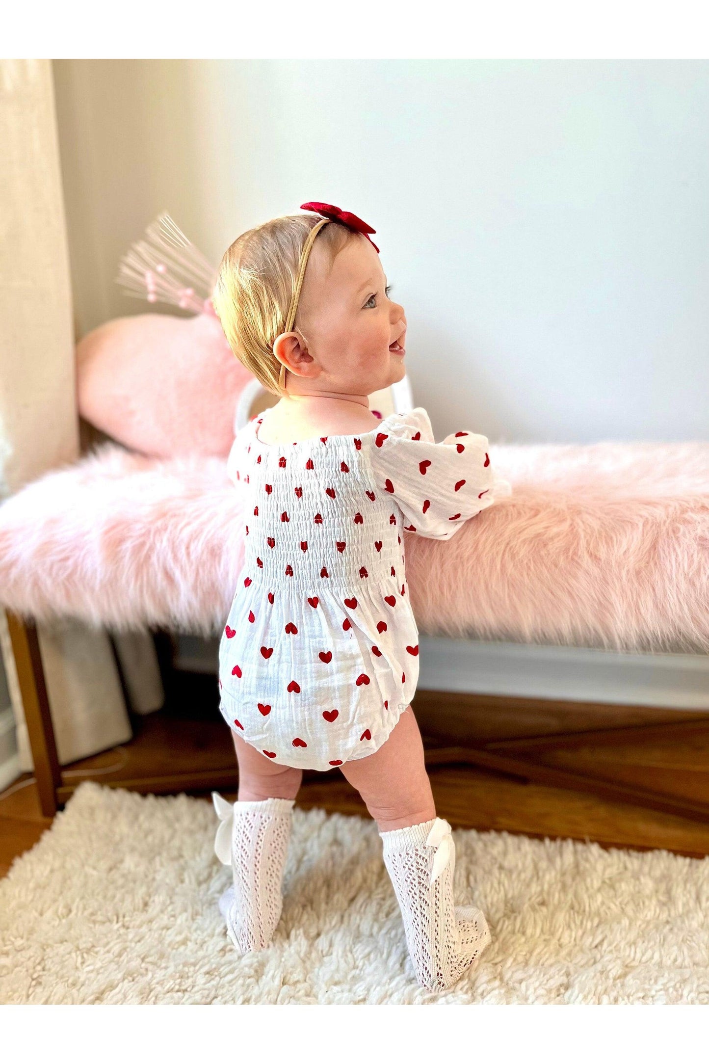 Baby Girl Valentines Day Outfit | Muslin Cotton Baby Girl Romper | Red Heart Baby Girl Romper and Headband | Baby Girl Bodysuit