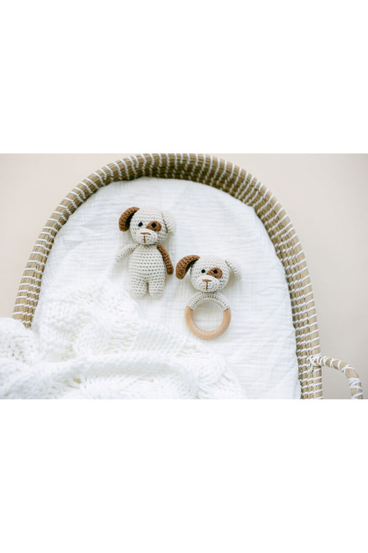 Crochet Puppy Baby Toy | Crochet Baby Rattle With Grip Ring | Soft Stuffed Puppy | Baby Sensory Rattle Toy | Crochet Knitted Sensory Toy