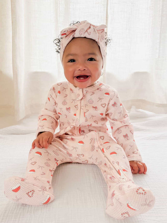 Merry & Pink Organic Waffle Knit Footie With Bow