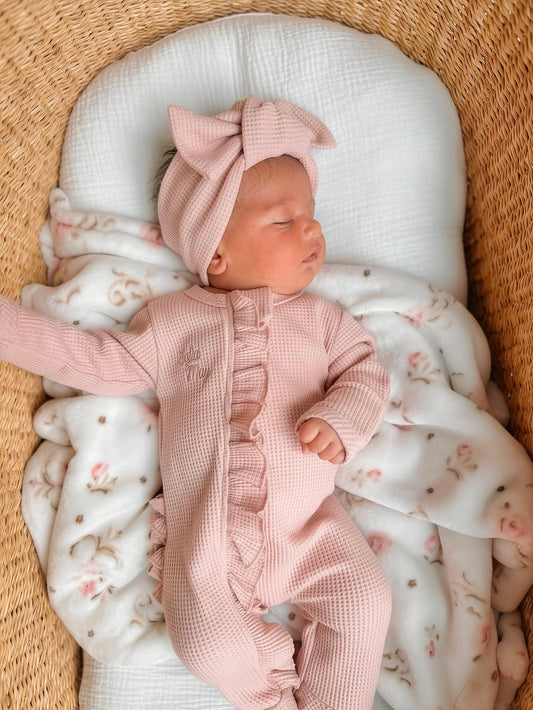 Personalized Organic Waffle Knit Ruffled Footie With Bow