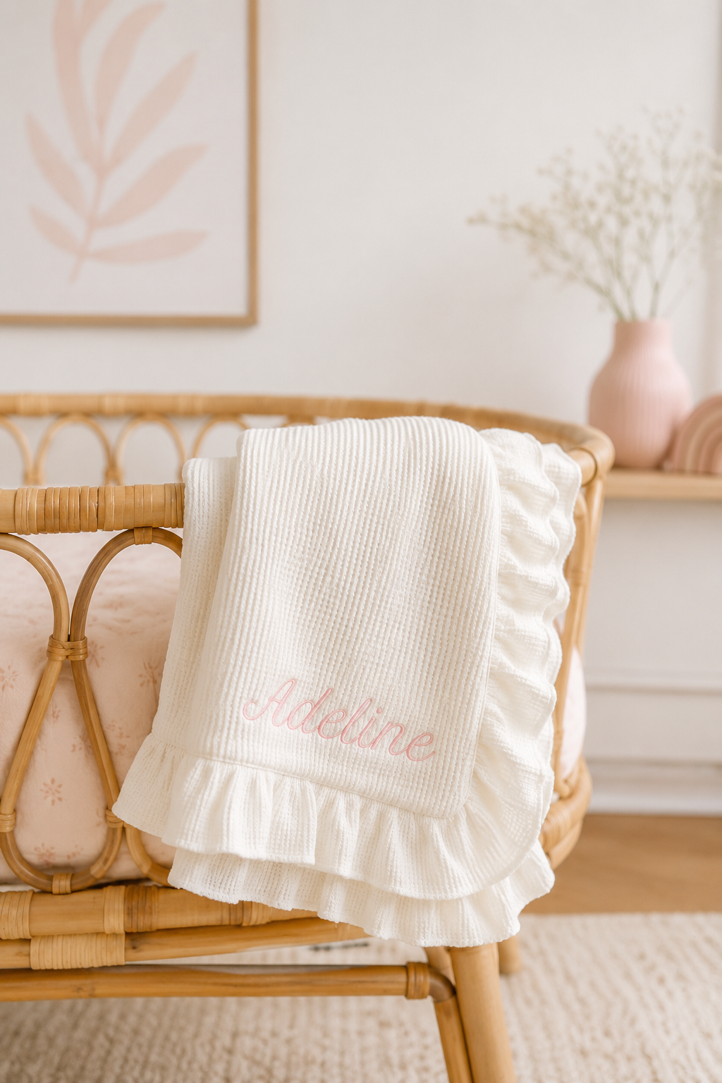 Embroidered Knitted Ruffled Blanket