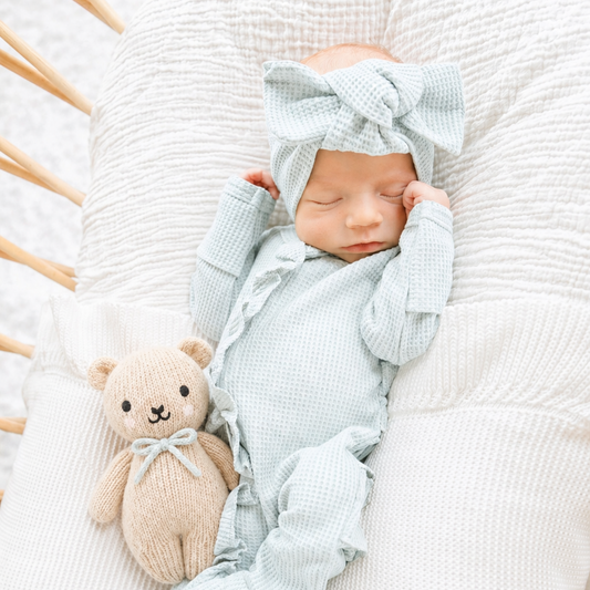 Organic Waffle Knit Ruffled Footie With Bow