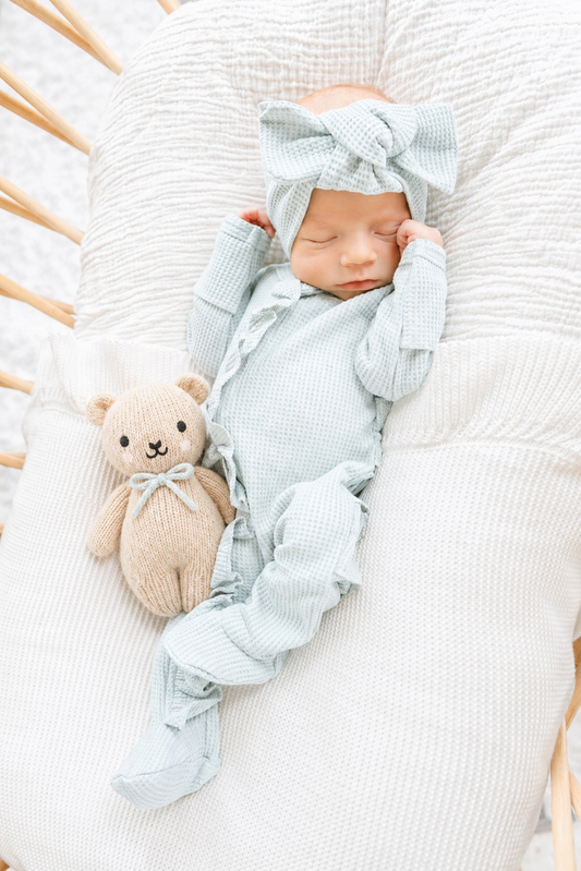 Organic Waffle Knit Ruffled Footie With Bow