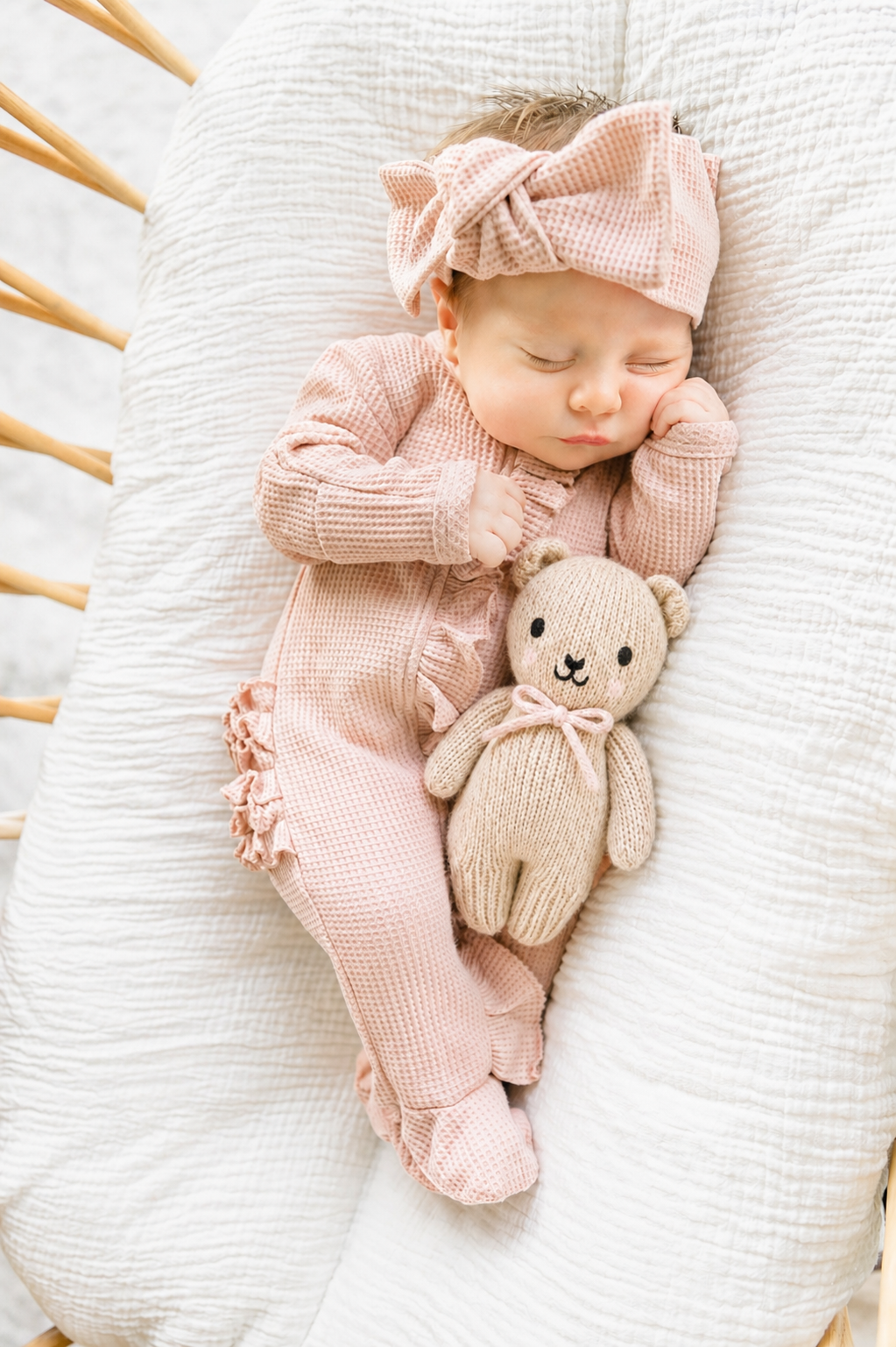 Organic Waffle Knit Ruffled Footie With Bow – Bella Berry Designs