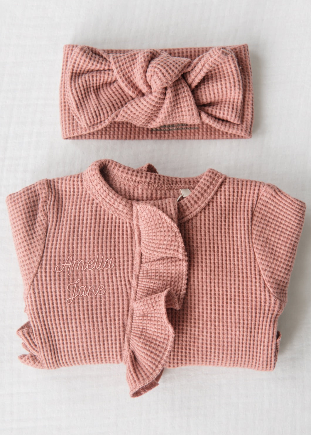 Personalized Organic Waffle Knit Ruffled Footie With Bow