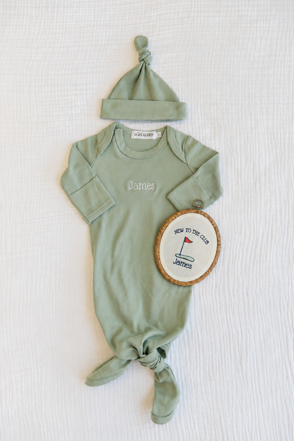 Personalized Golf Baby Gift Set | Knotted Gown, Hat & Embroidered Linen Name Plate