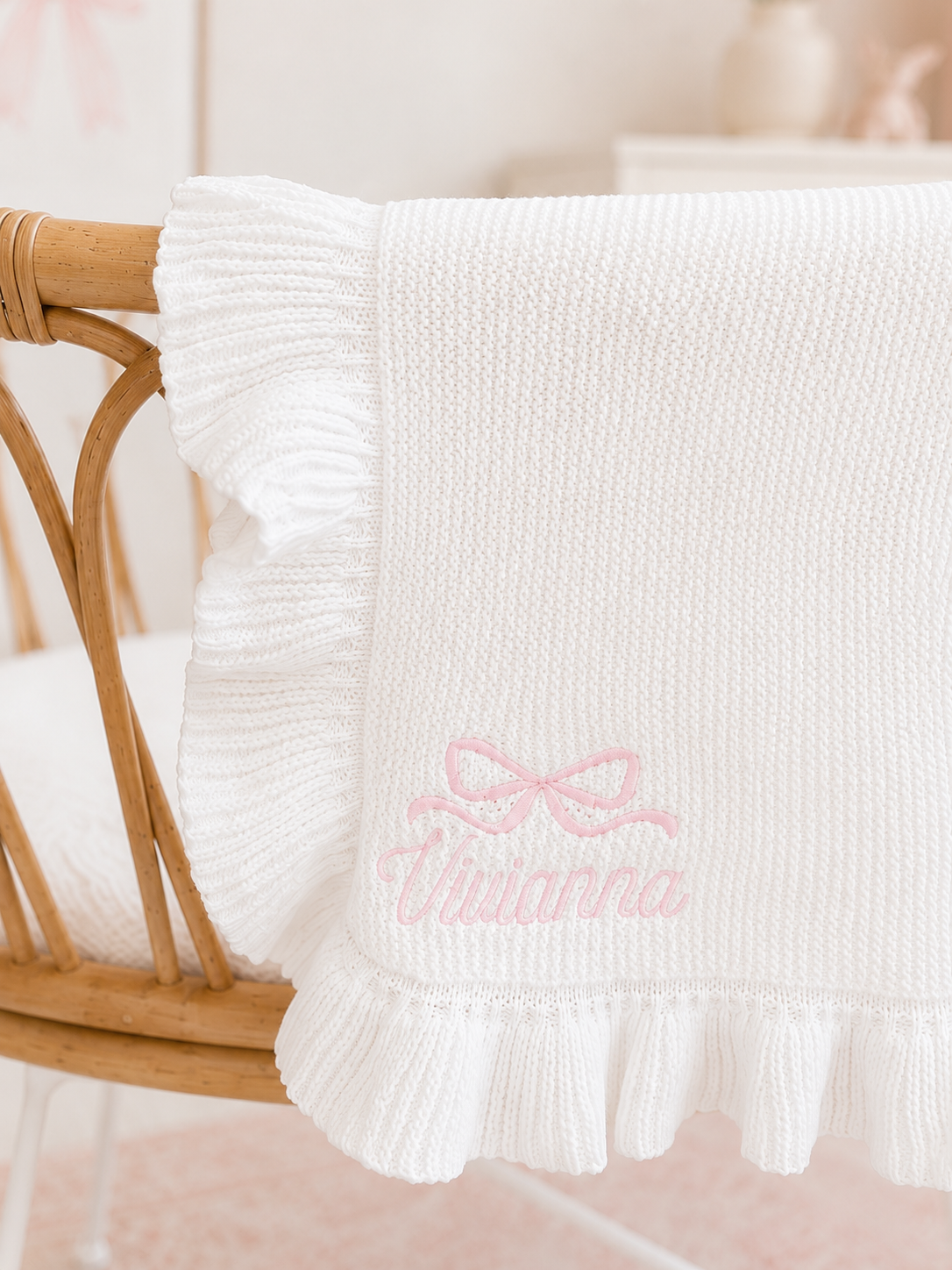 Embroidered Knitted Ruffled Blanket