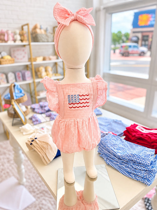 Embroidered Bow Flag Pink Bubble Romper