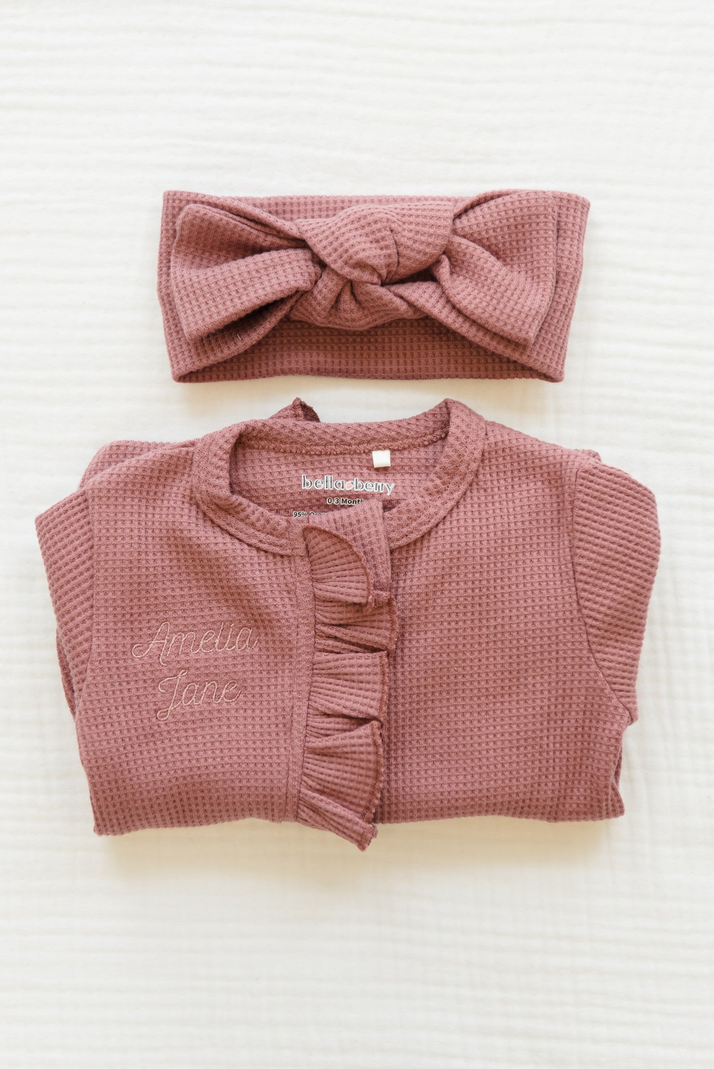 Personalized Organic Waffle Knit Ruffled Footie With Bow
