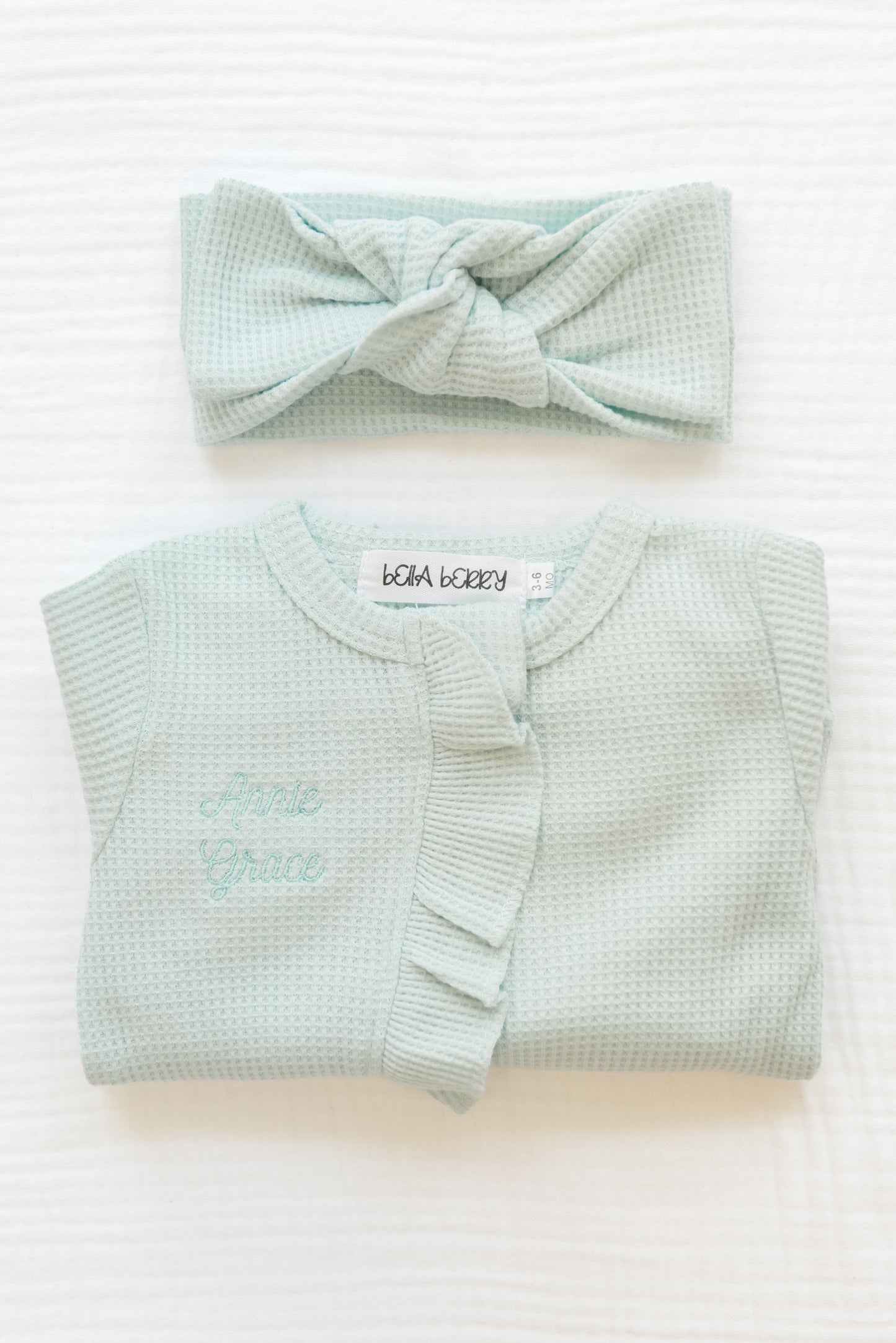 Personalized Organic Waffle Knit Ruffled Footie With Bow
