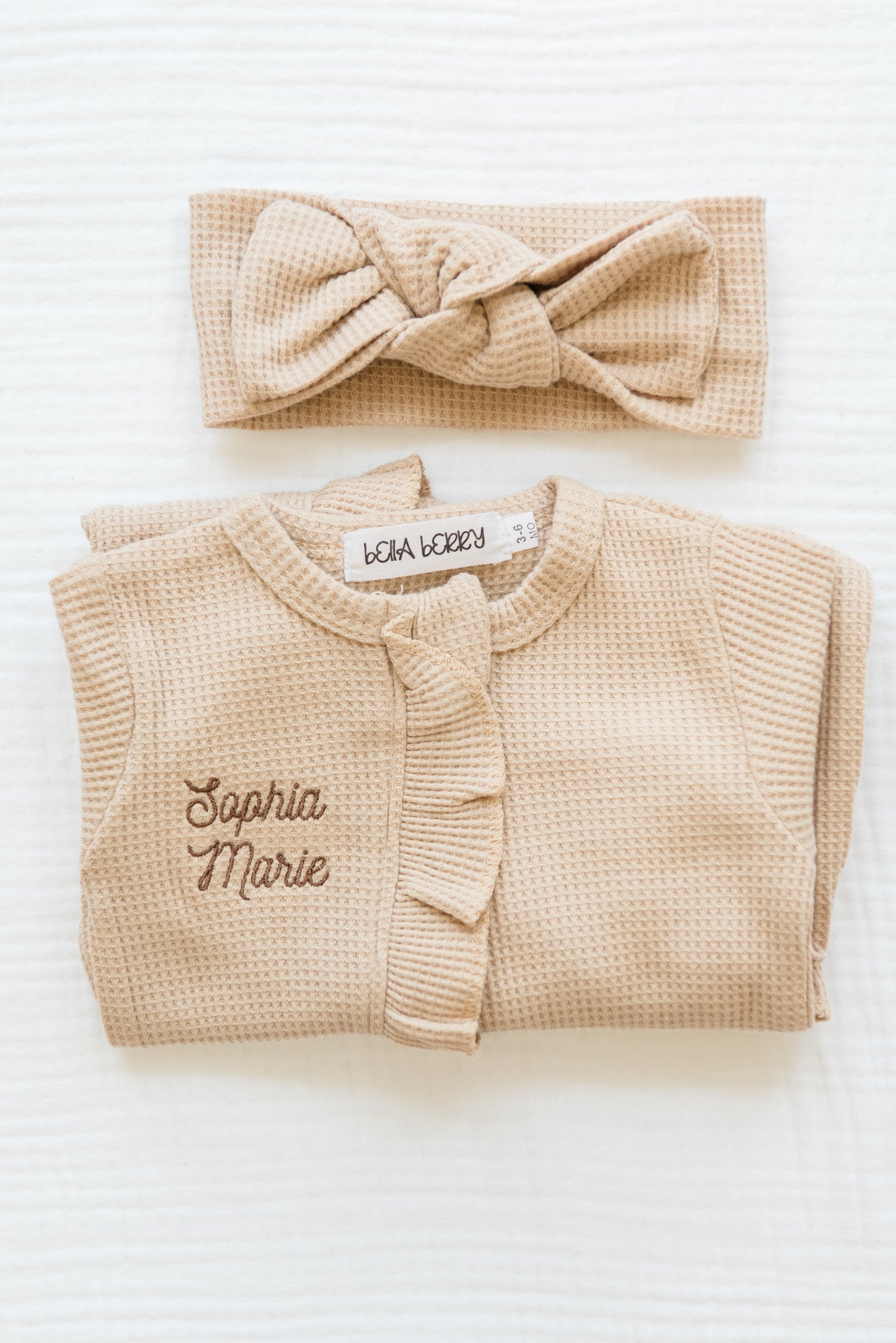 Personalized Organic Waffle Knit Ruffled Footie With Bow