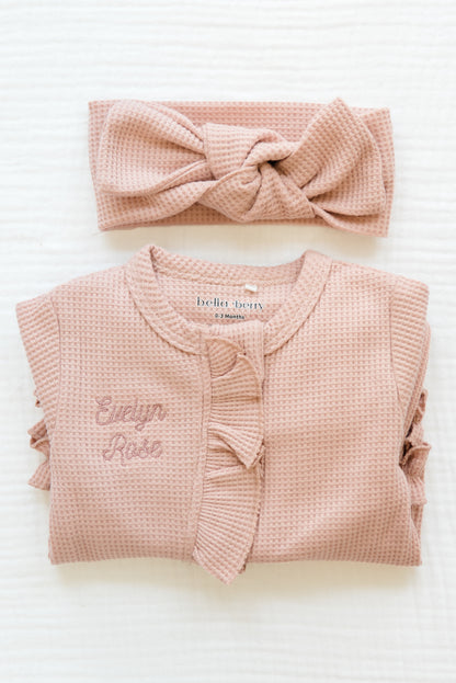 Personalized Organic Waffle Knit Ruffled Footie With Bow