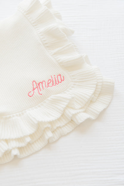 Embroidered Knitted Ruffled Blanket