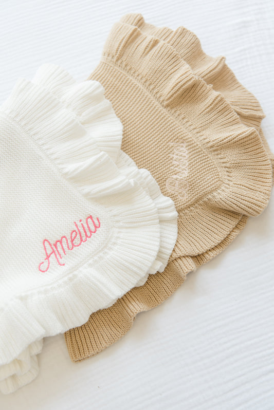 Embroidered Knitted Ruffled Blanket