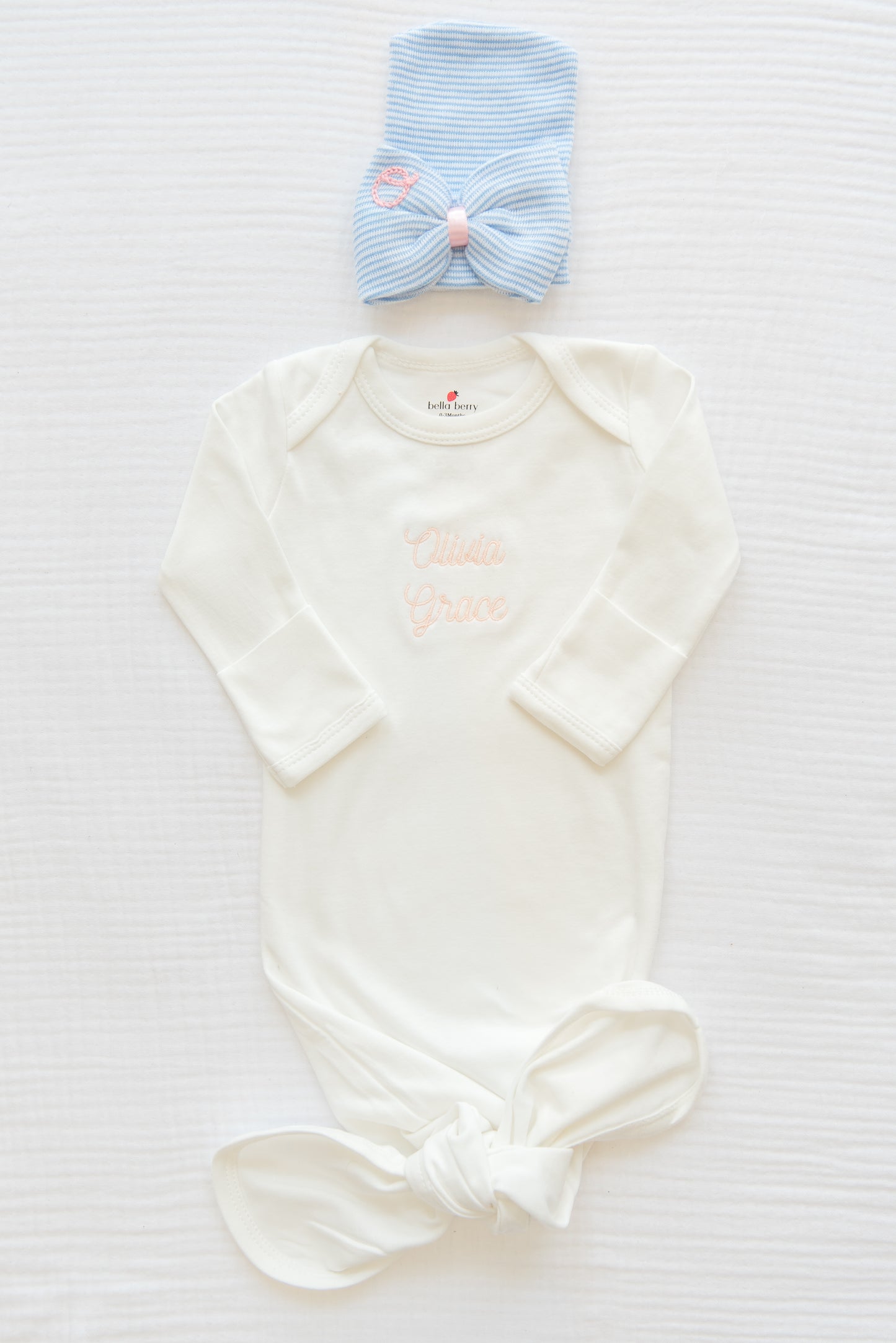 Personalized Organic Cotton Knotted Gown with Hand Stitched Bow Hat