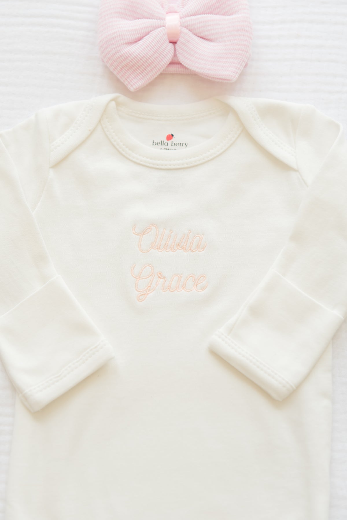 Personalized Organic Cotton Knotted Gown with Hand Stitched Bow Hat