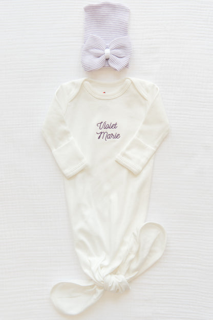 Personalized Organic Cotton Knotted Gown with Hand Stitched Bow Hat