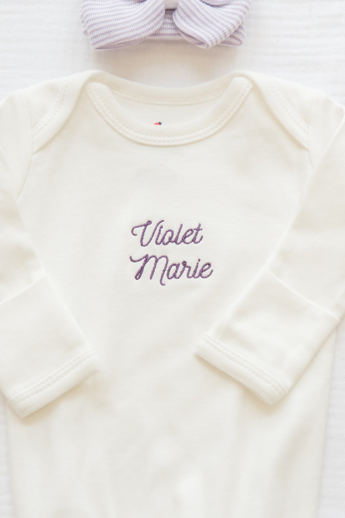 Personalized Organic Cotton Knotted Gown with Hand Stitched Bow Hat