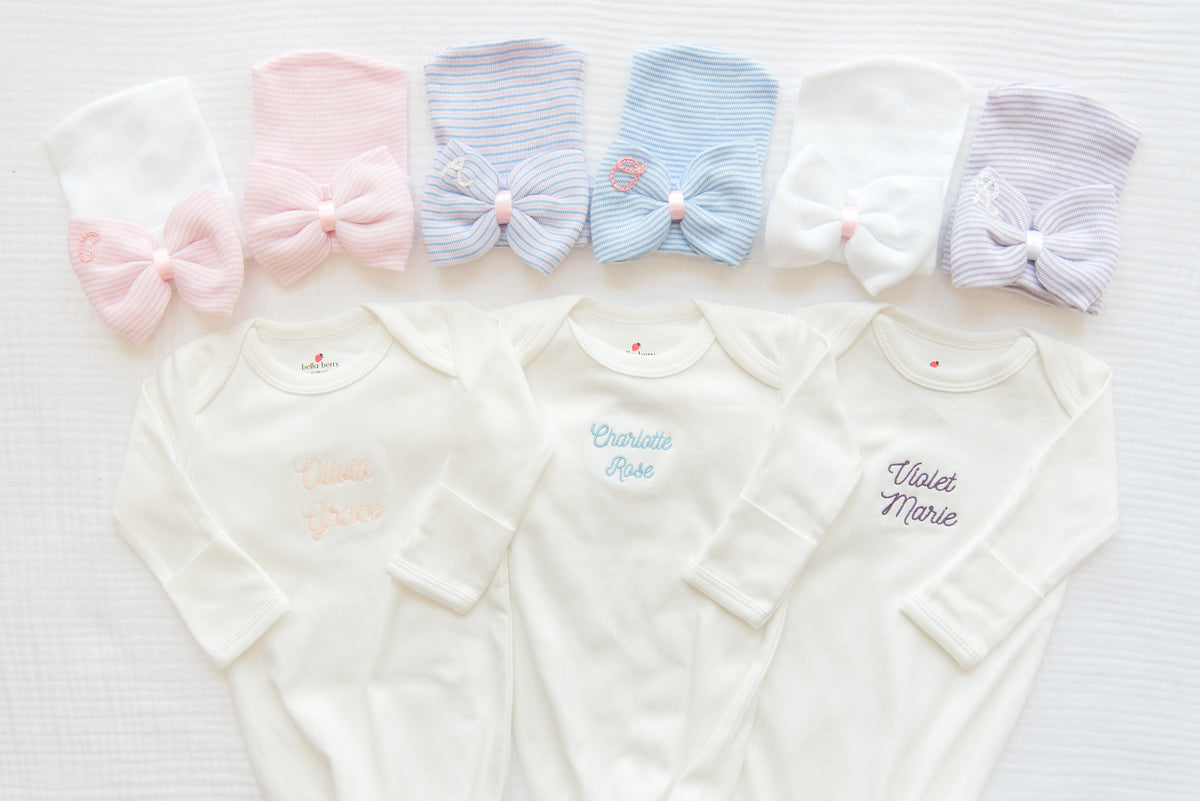 Personalized Organic Cotton Knotted Gown with Hand Stitched Bow Hat