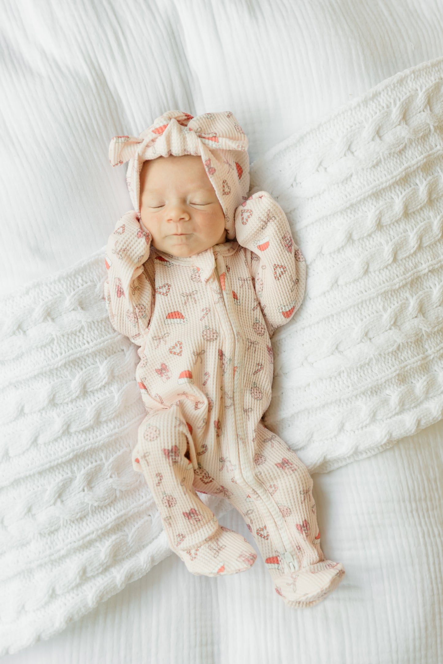 Merry & Pink Organic Waffle Knit Footie With Bow