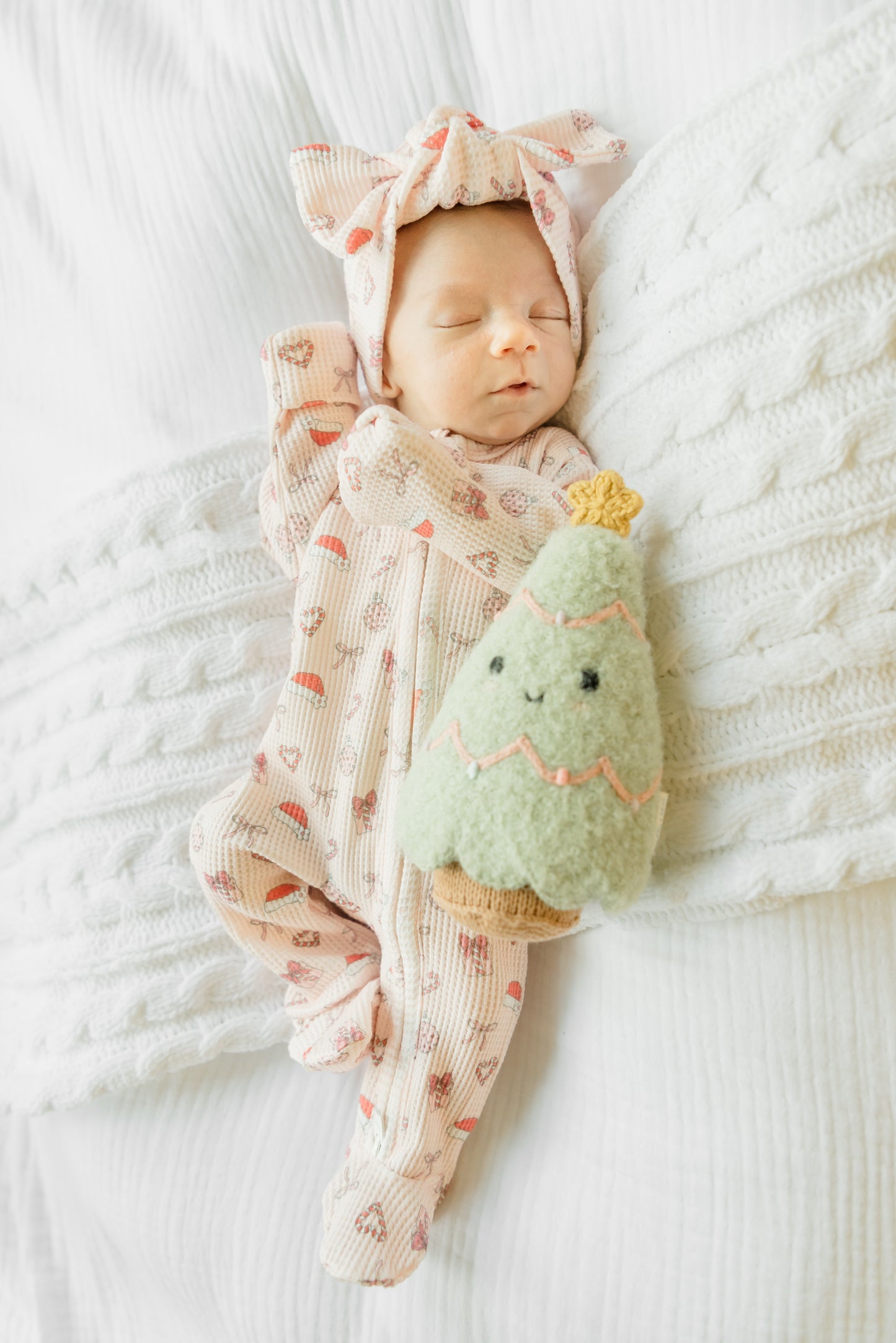 Merry & Pink Organic Waffle Knit Footie With Bow