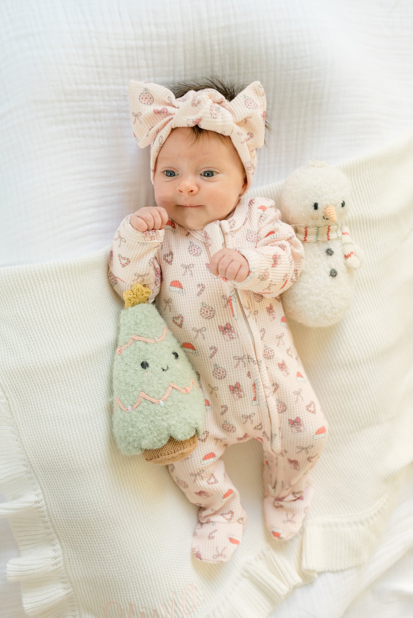 Merry & Pink Organic Waffle Knit Footie With Bow