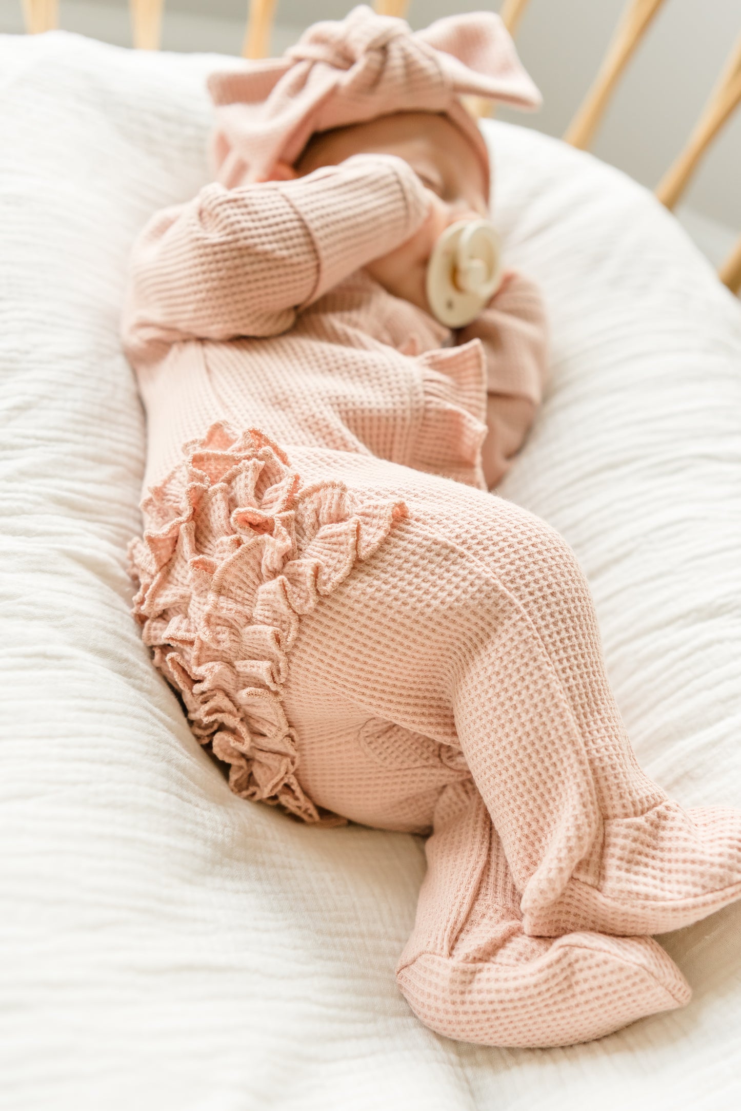 Organic Waffle Knit Ruffled Footie With Bow - Holiday