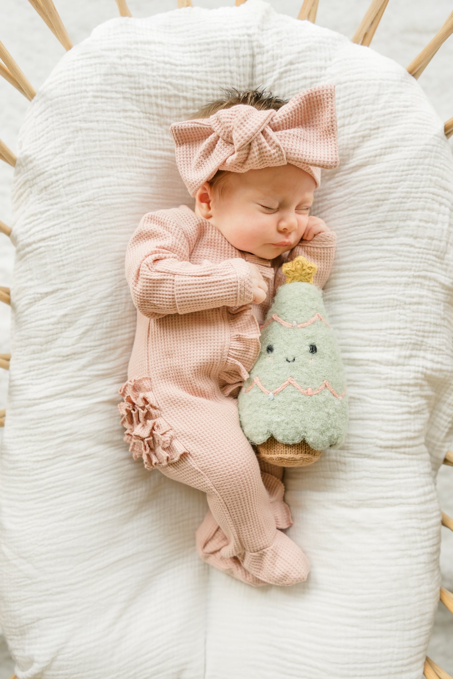 Organic Waffle Knit Ruffled Footie With Bow - Holiday