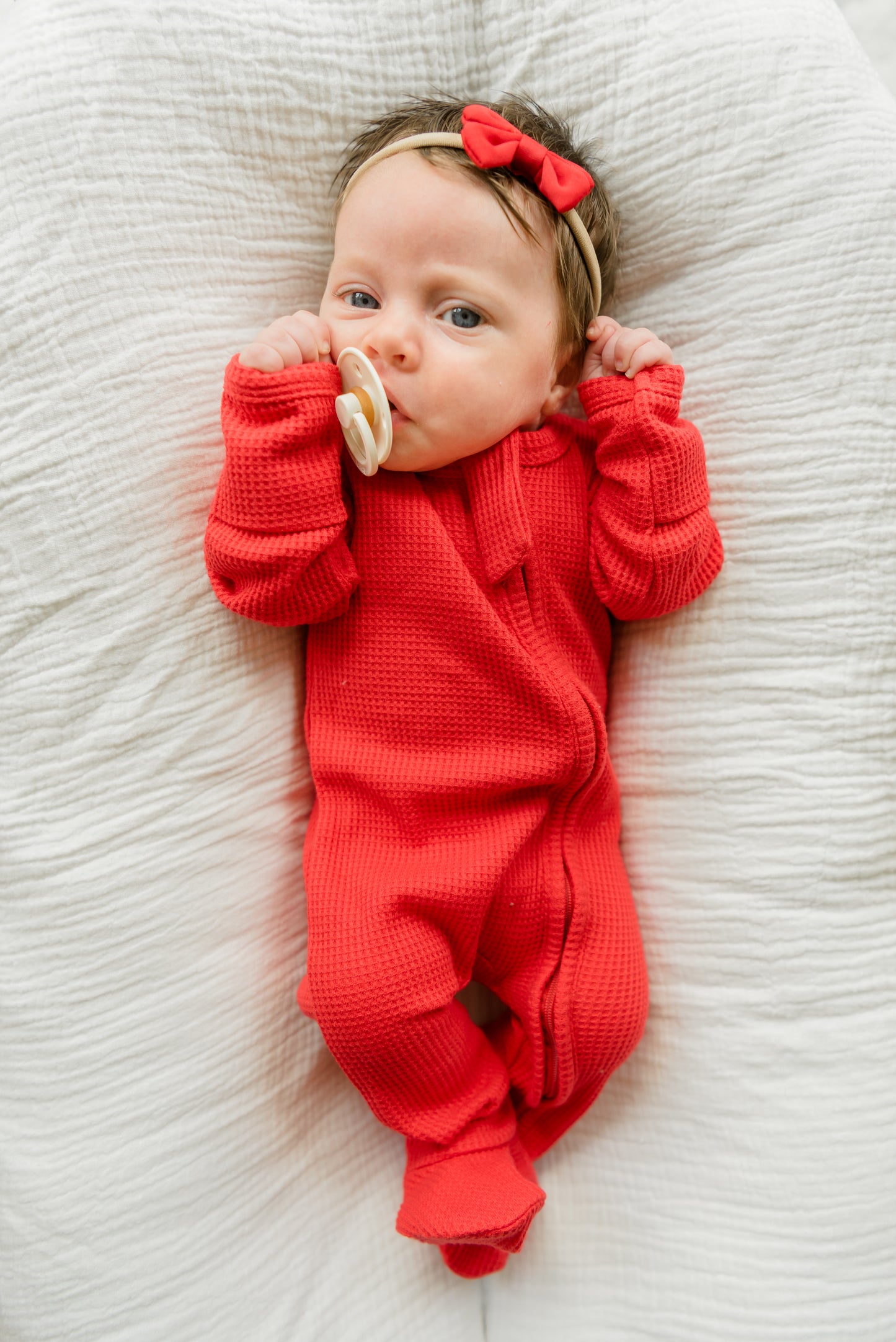 Candy Cane Red Organic Waffle Knit Footie With Bow Or Hat