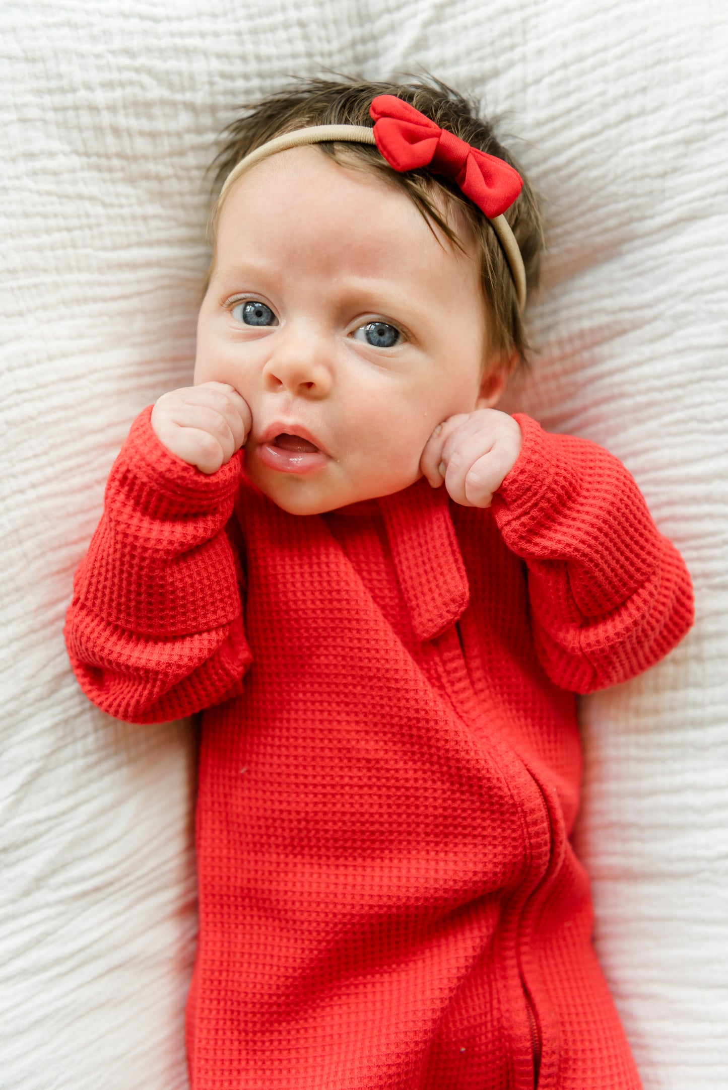 Candy Cane Red Organic Waffle Knit Footie With Bow Or Hat