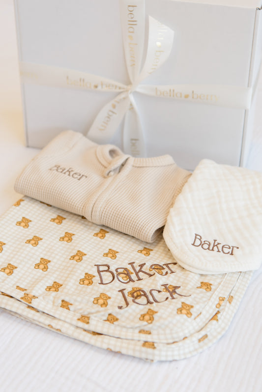 Personalized Baby Gift Set | Organic Waffle Footie, Bear-y Cute Bamboo Swaddle & Burp Cloth